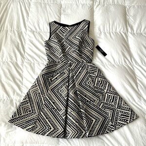 Tahari fit & flare dress in black white gold